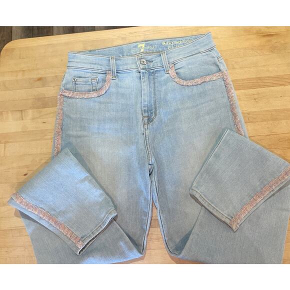7 For All Mankind Jeans Women's Size 28 High-Waist Ankle Skinny Pink Sky Fringe - Picture 1 of 9